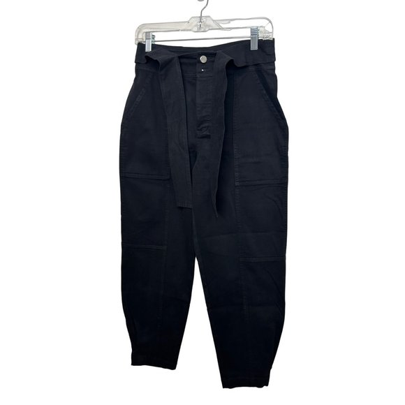 Bar lll Women’s Black Pants M Tie Belt Tapered Button Closure Pockets Stretch - Picture 1 of 16
